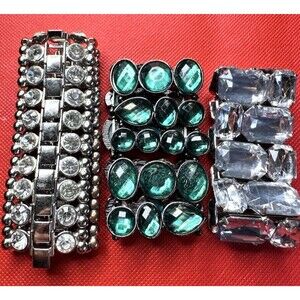 Glam Bracelets set of 3 rhinestones clear green stretchy retro punk blinged out
